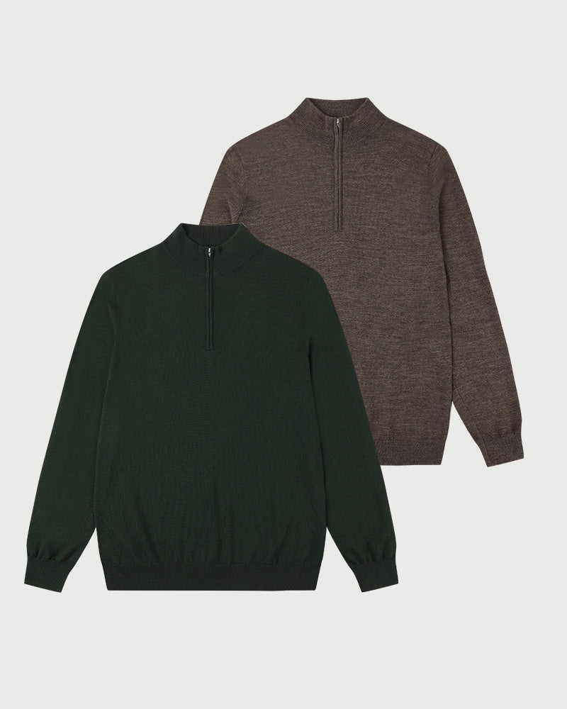 2pk Kvist Merino 3/4-Zip Grønn + Brown