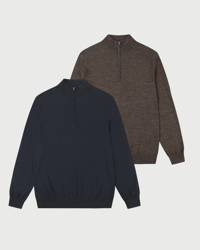 2pk Kvist Merino 3/4-Zip Marine + Brown